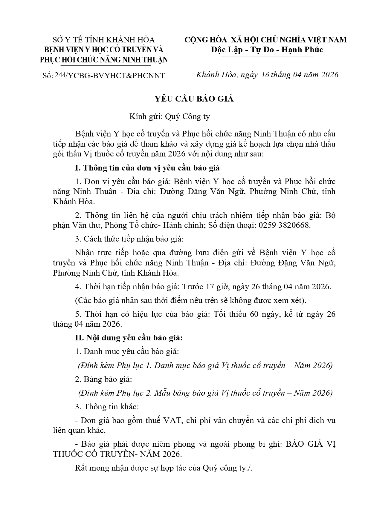 YÊU CẦU BÁO GIÁ